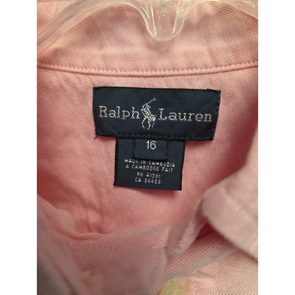 Ralph Lauren Boys Pink Oxford Button Down Shirt Size Large 16 Flesh Pony‎ Logo